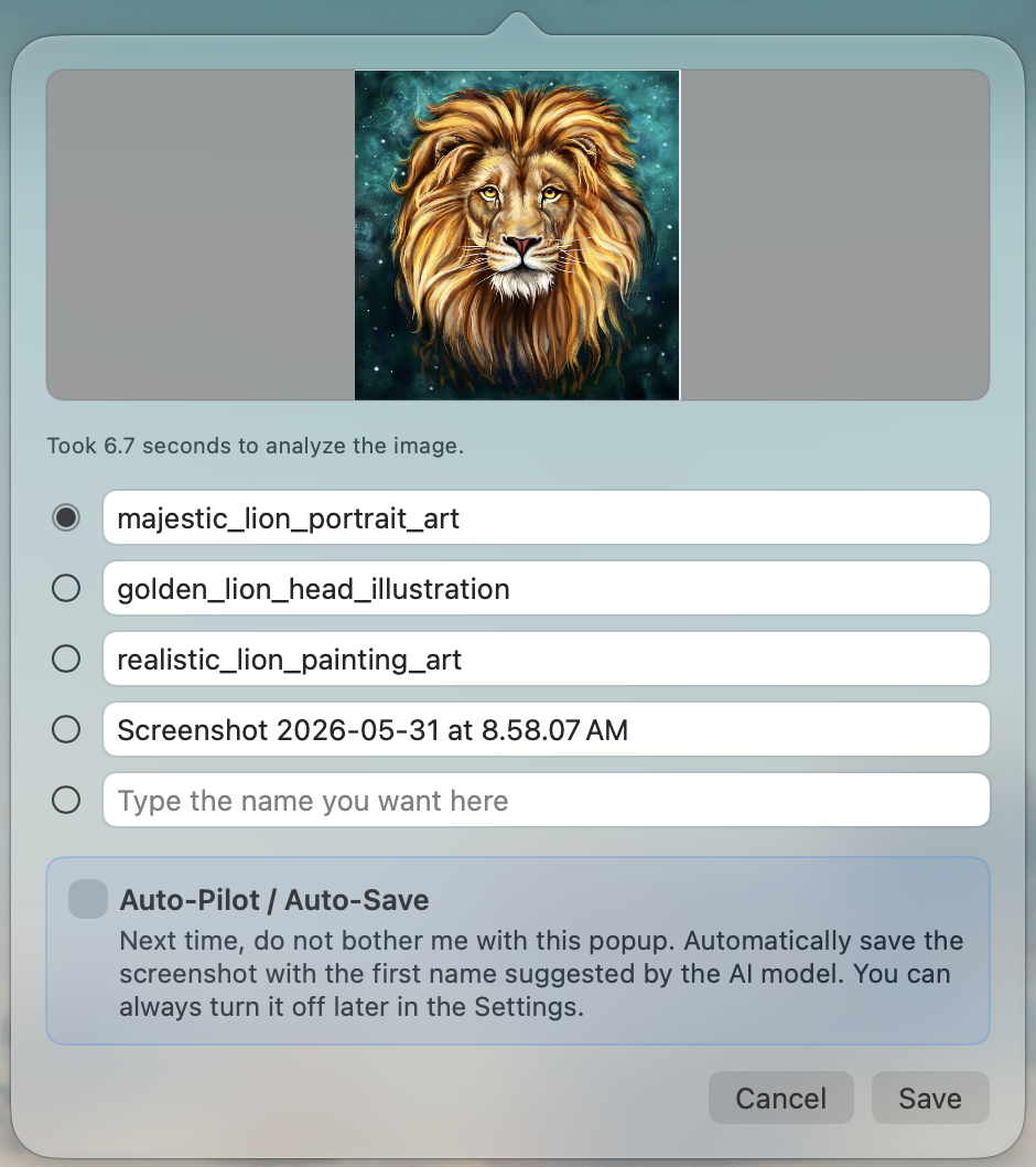 SnapName suggesting descriptive filenames for a lion portrait screenshot